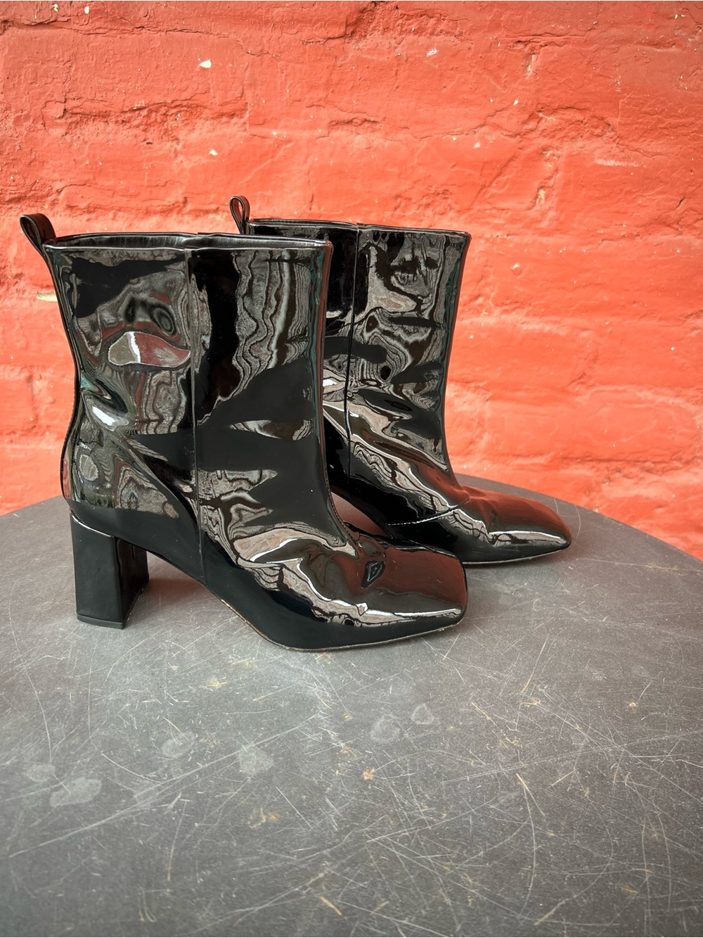 Good American Square Toe Patent Booties